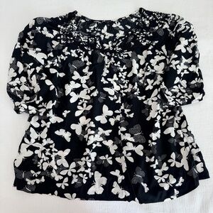 Talbots Black Butterfly Smocked Boat Neck 3/4 Elastic Sleeve Visc Tunic Top 1X